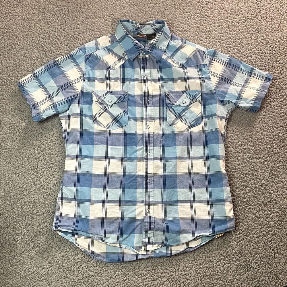 Vintage Hang Ten Button Snap Shirt Men's Short Sleeve Blue Surf Skate Large